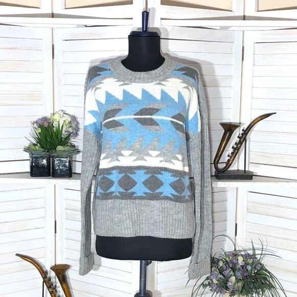 A.N.A Aztec Print Crew Neck Sweater Gray Cream Blue Size PS - Picture 1 of 11